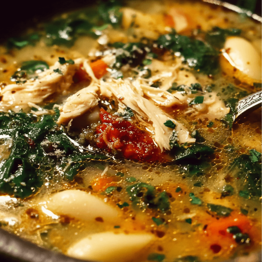 Rustic Tuscan Chicken Soup served in a bowl with crusty bread on the side