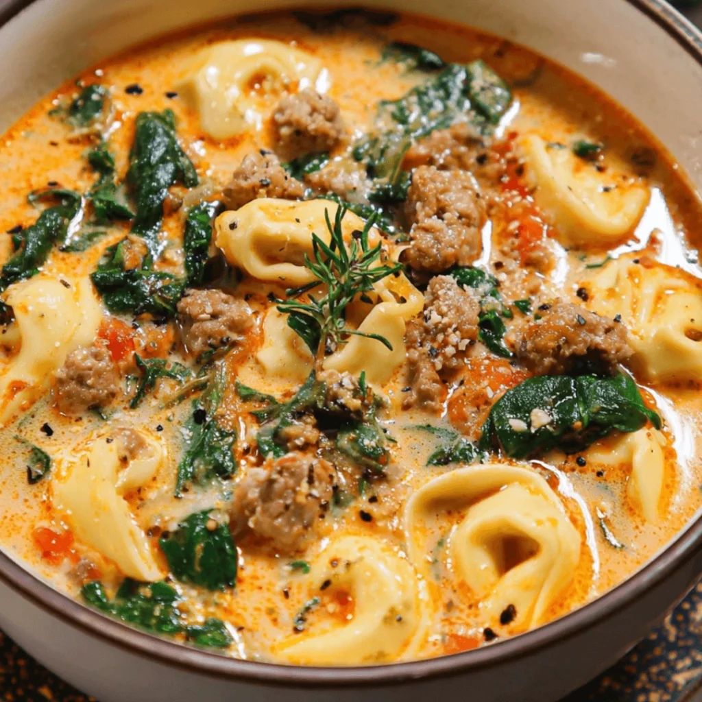 Bowl of creamy sausage tortellini soup with spinach served with bread.
