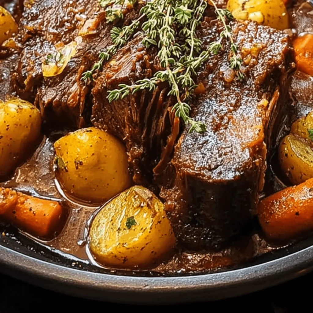 Classic pot roast with carrots, celery, and potatoes in a Dutch oven