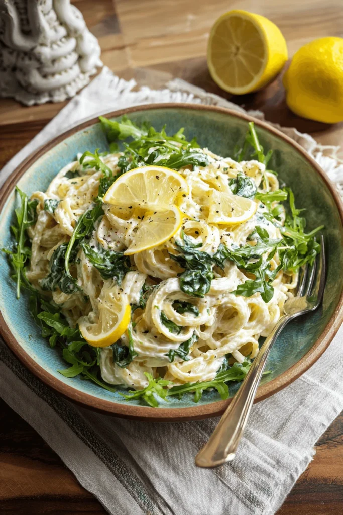 serving lemon ricotta pasta with arugula