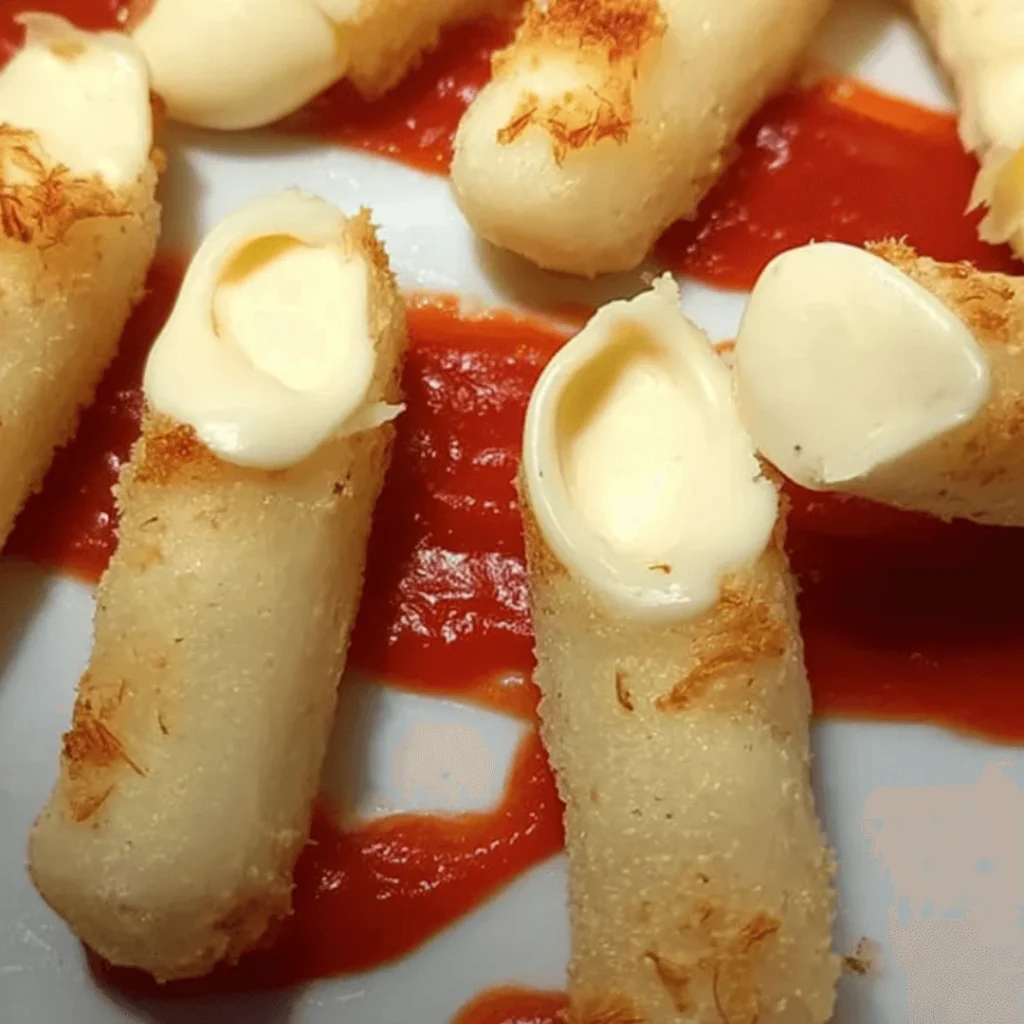 Halloween severed finger cheese sticks with red pepper nails and ketchup dip