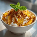 Shaved frozen peach dessert in a bowl