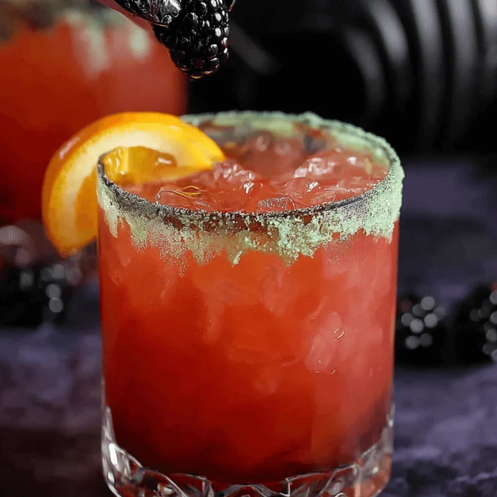 Bright orange Halloween punch served in a glass with spooky decorations