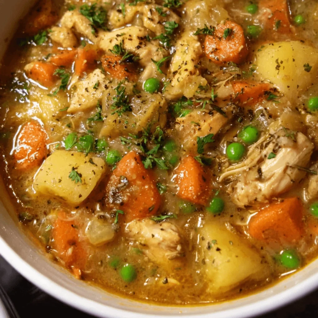 Slow Cooker Chicken Stew Recipe | Cozy Crockpot Dinner with Potatoes & Veggies 1 Slow cooker chicken stew with potatoes, carrots, and herbs in a cozy dinner bowl.