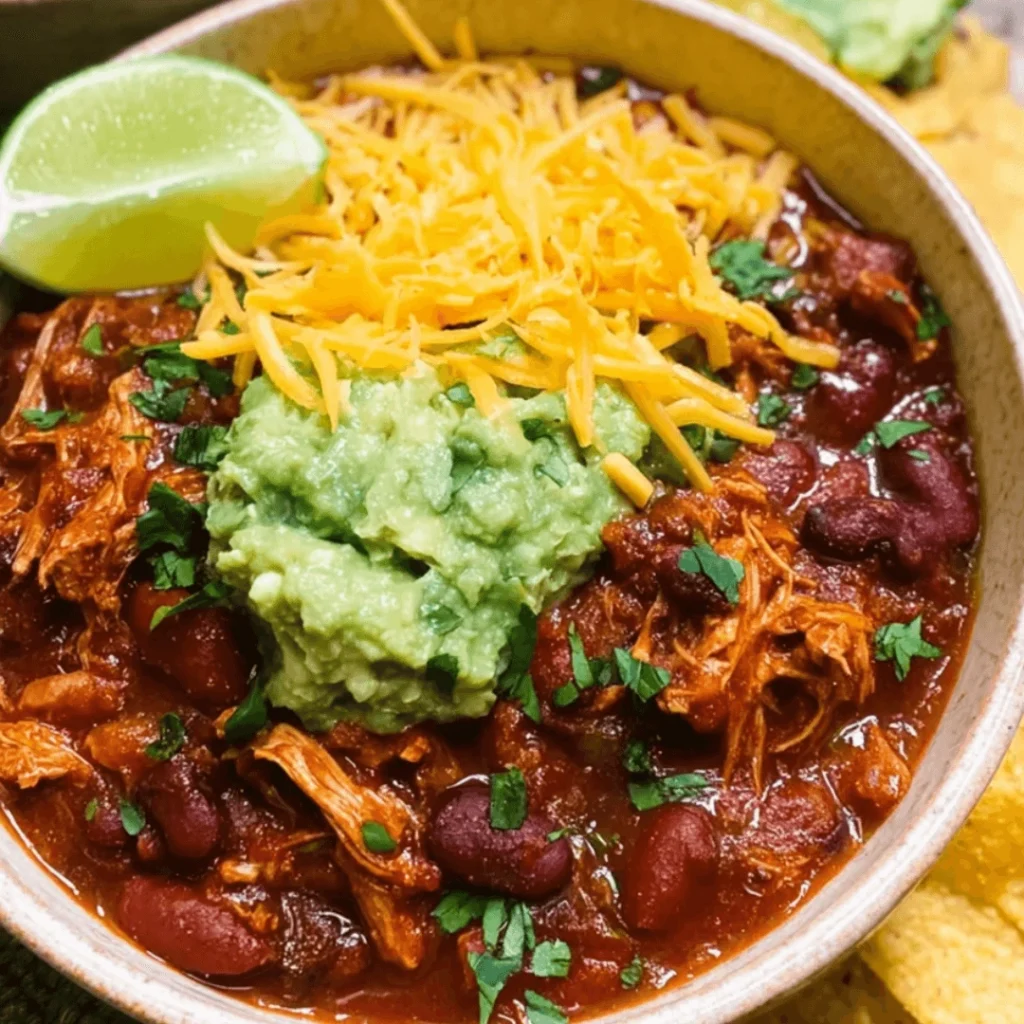 Bowl of smoky slow cooker chipotle chicken chili with beans, corn, and fresh cilantro garnish