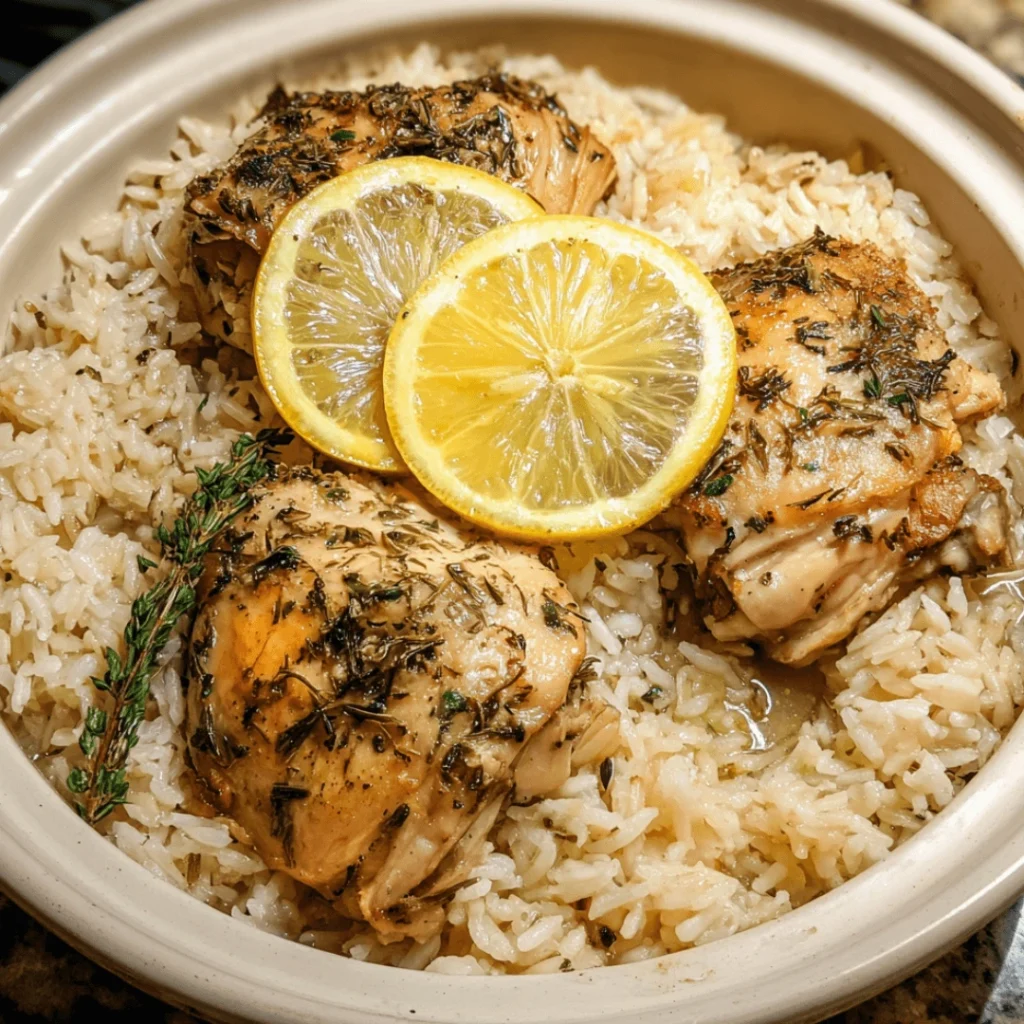 Slow cooker filled with lemon herb chicken and rice, garnished with chopped parsley