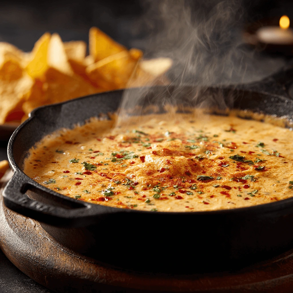 Smoked queso dip in cast-iron skillet