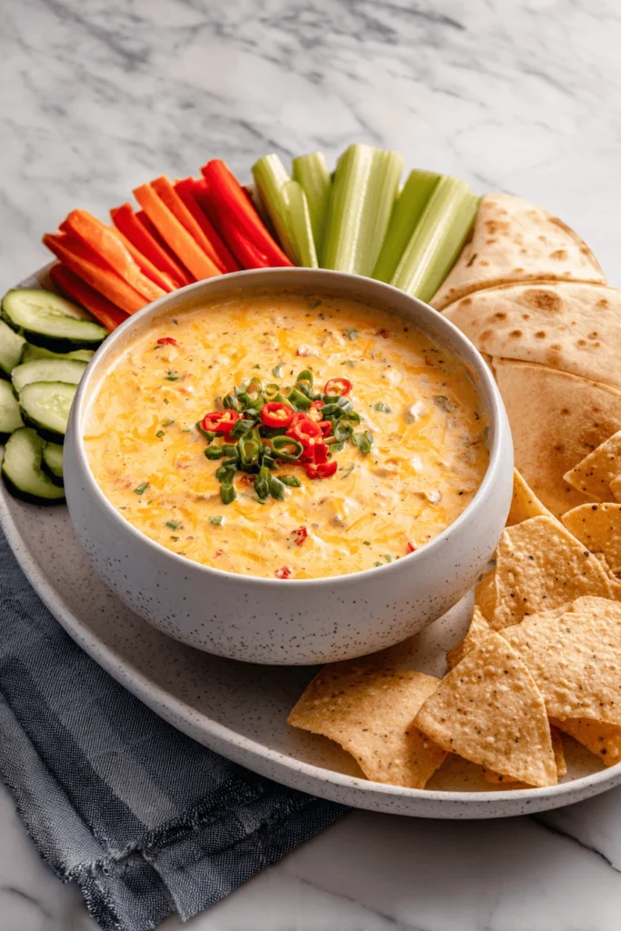 Smoked queso dip served with chips and vegetables