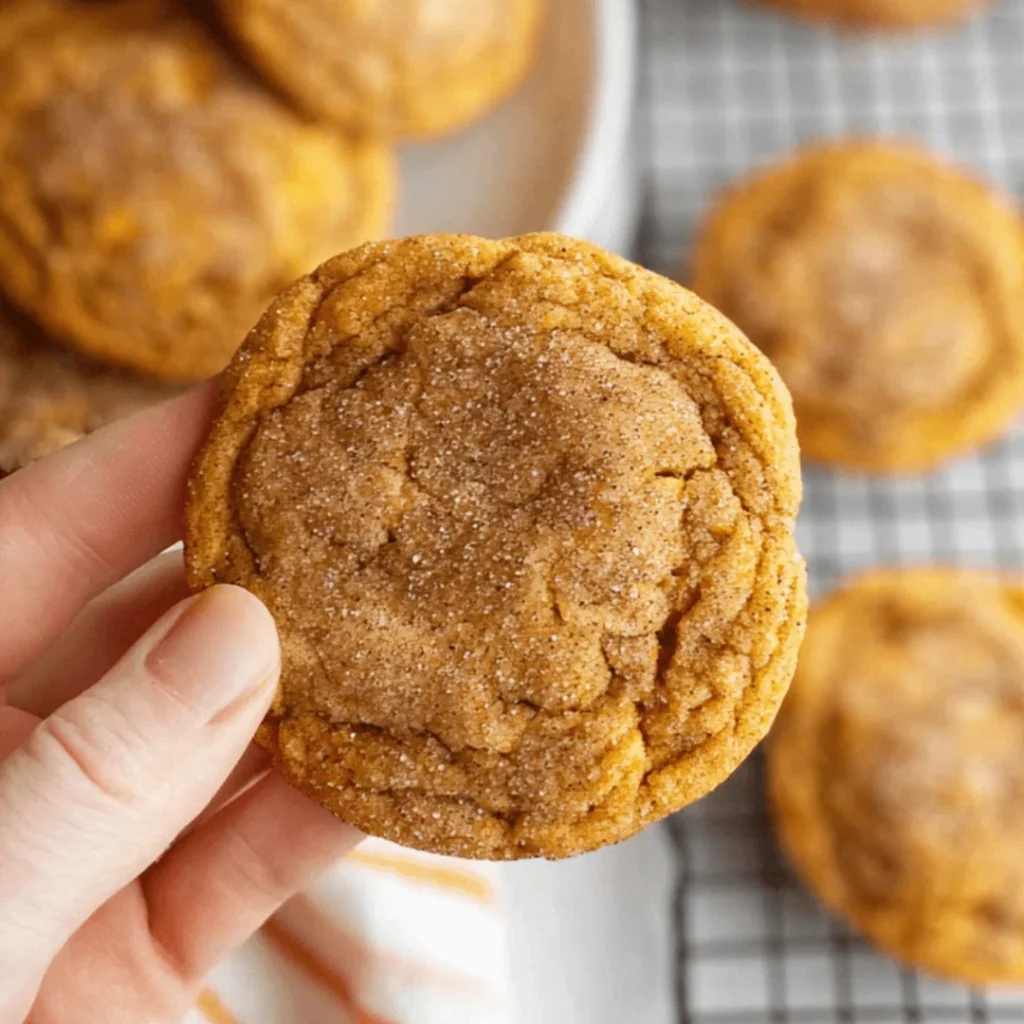 Soft and chewy pumpkin cookies stacked on a plate with fall spices.