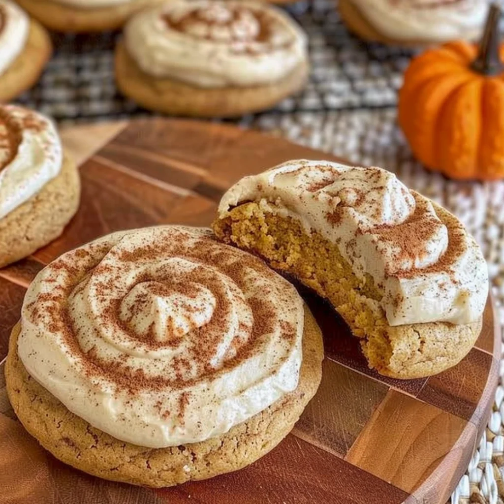 Soft pumpkin cookies with cinnamon frosting on a plate