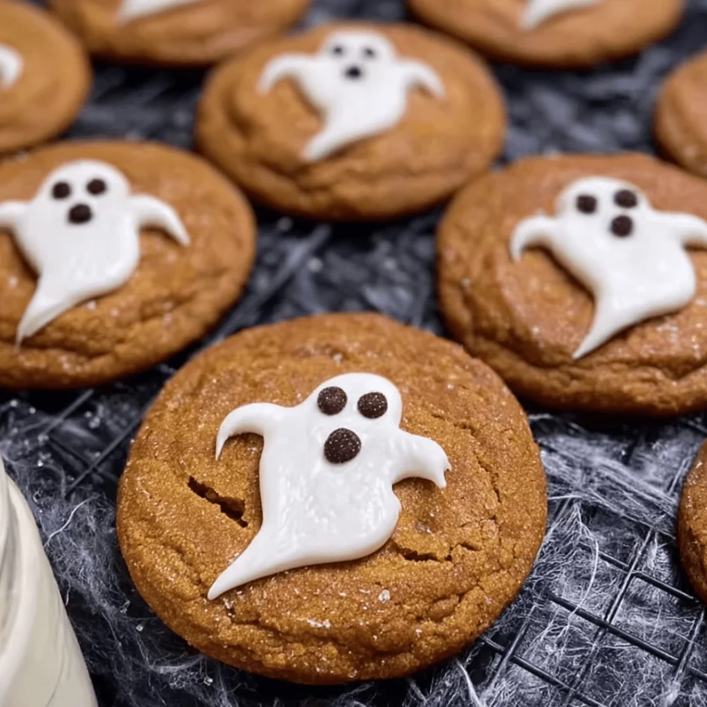 Spooky Ghost Brown Butter Pumpkin Cookies with white chocolate chips and marshmallow ghosts