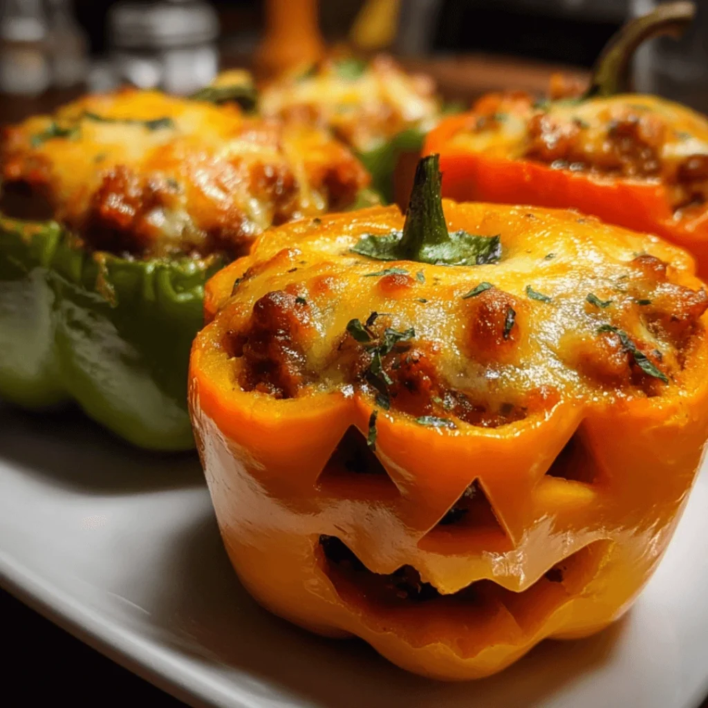 Halloween stuffed peppers carved like Jack-O’-Lanterns filled with beef and rice.