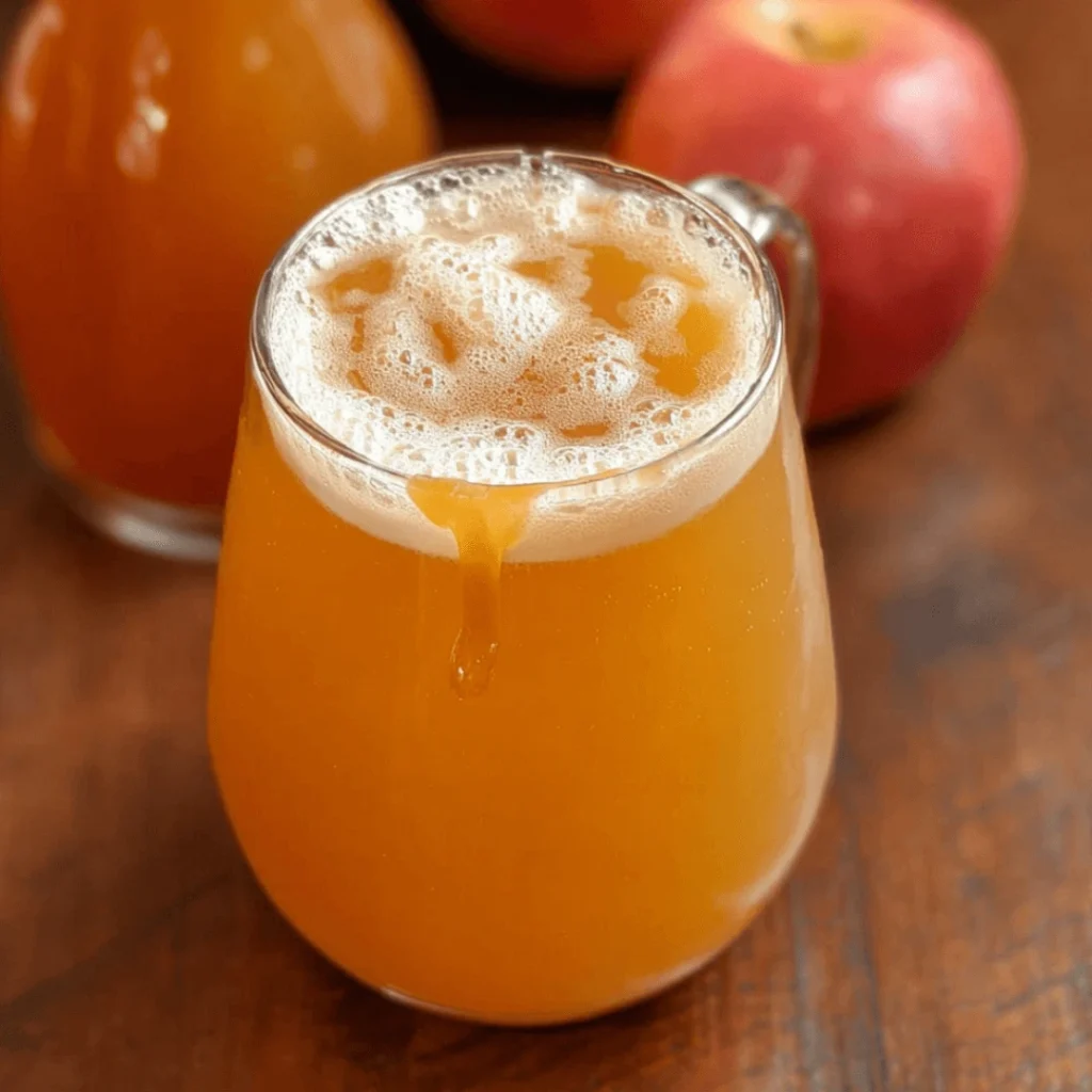 A warm cup of Starbucks-style hot apple cider topped with whipped cream and drizzled with caramel sauce, sitting on a cozy fall-themed table.