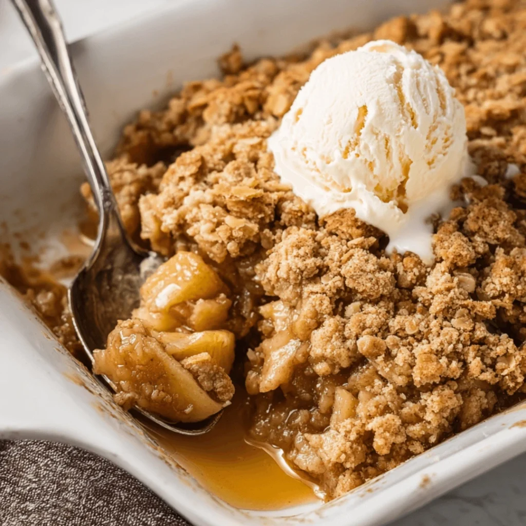Super easy apple crisp with golden streusel topping in a baking dish