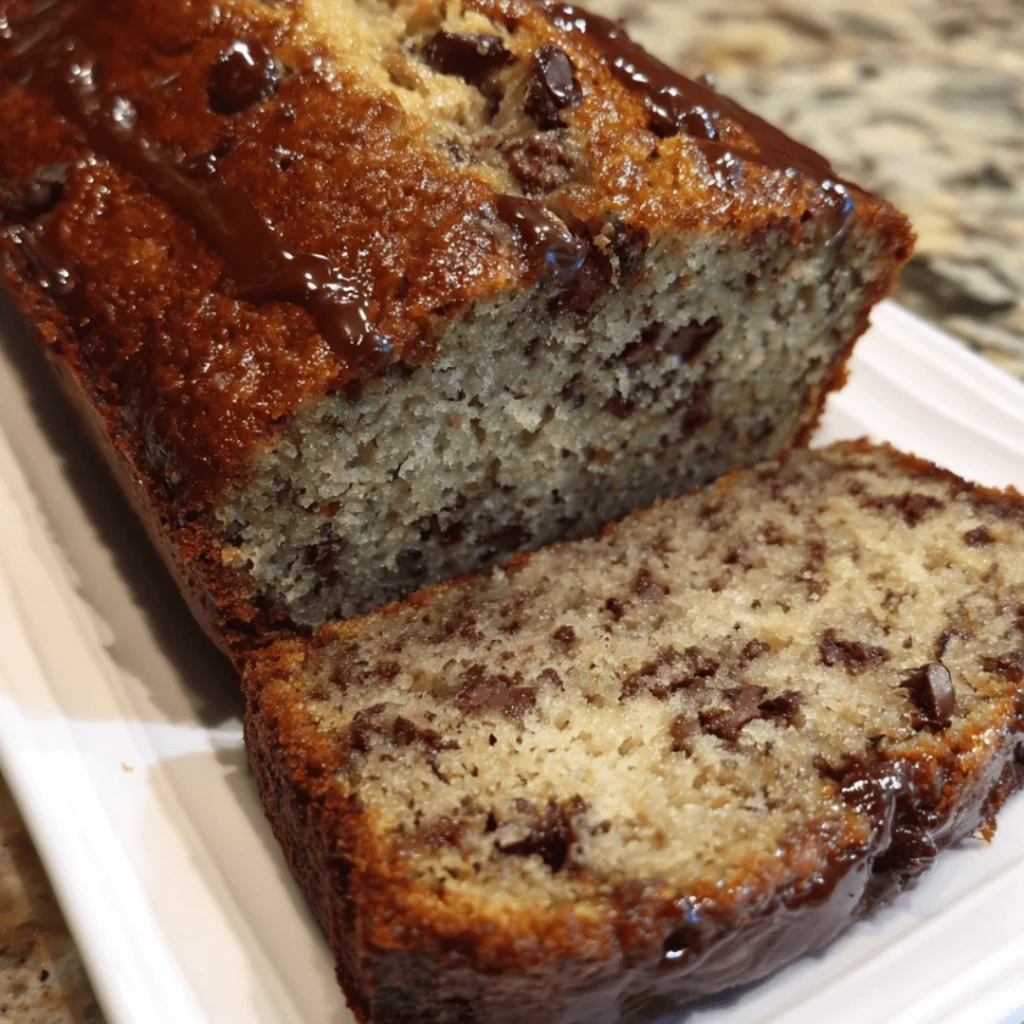 Sliced super moist chocolate chip banana bread on a wooden cutting board