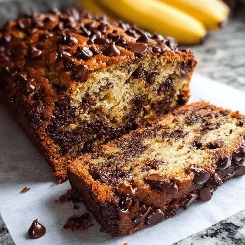 Super moist chocolate chip banana bread sliced on a wooden board