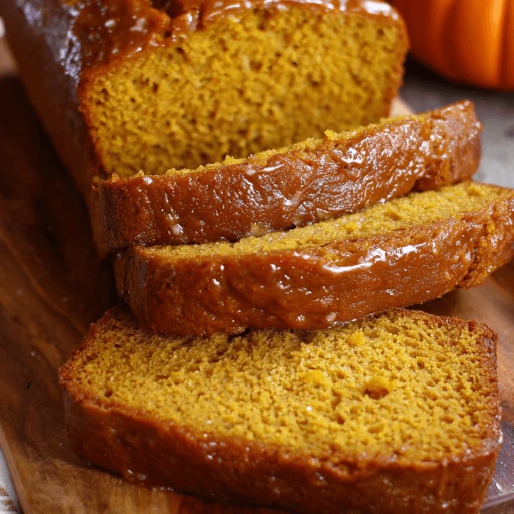 Super moist homemade pumpkin bread loaf on a wooden board, sliced and ready to serve.