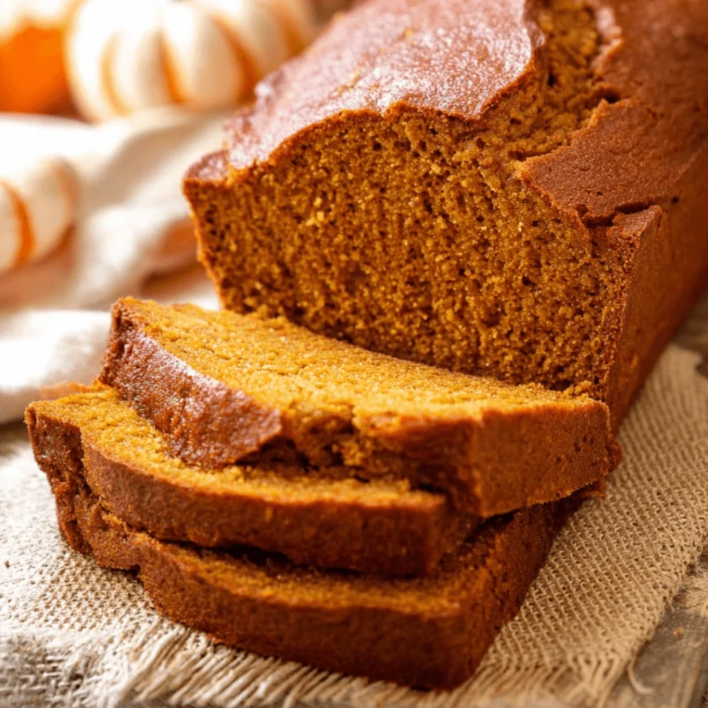 Super Moist Pumpkin Bread sliced on a wooden board with cinnamon sticks.