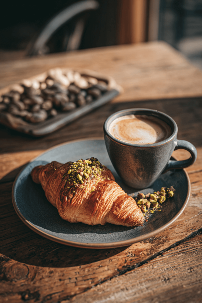 Tahini coffee paired with pistachio croissant
