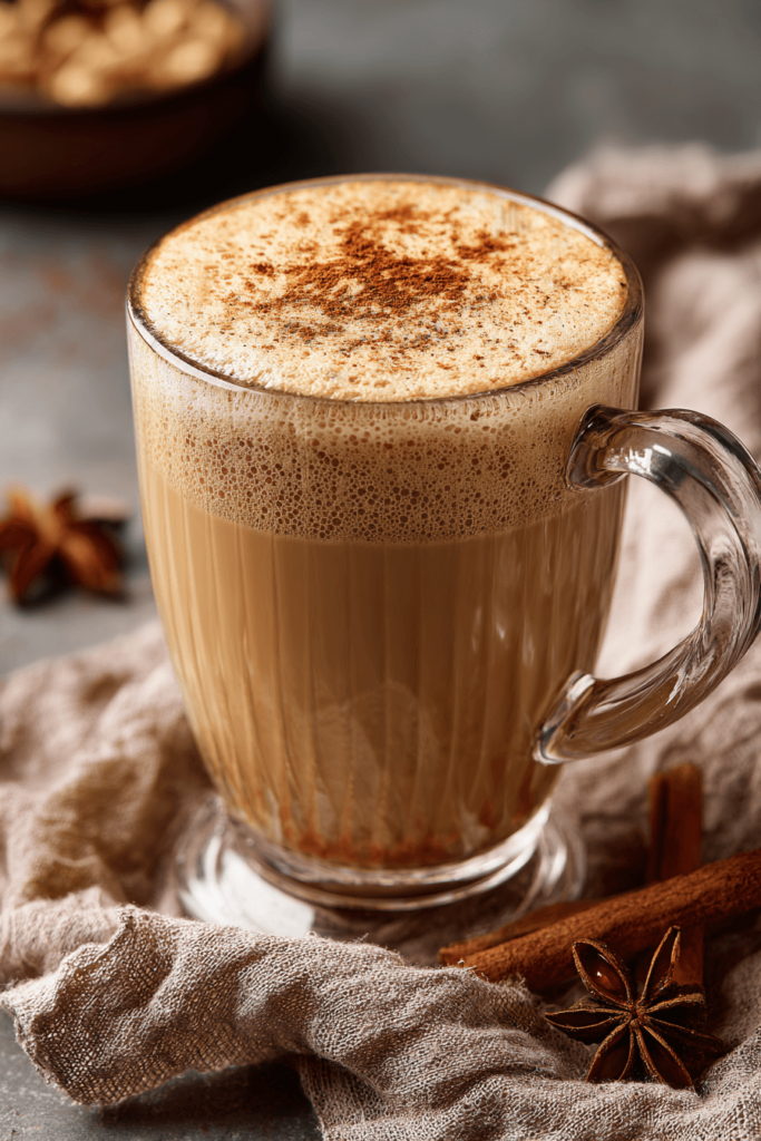 Tahini coffee with milk in a glass mug