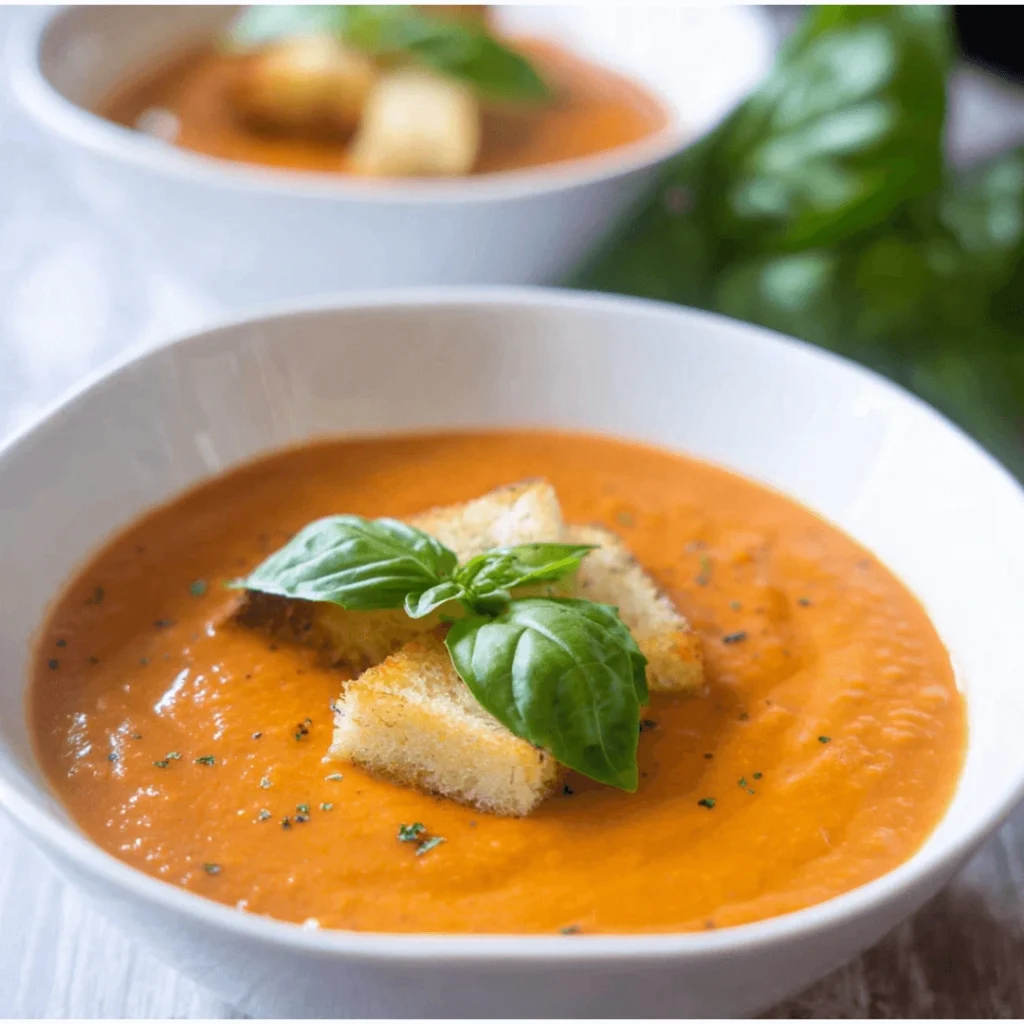 Bowl of creamy tomato basil bisque made with fresh tomatoes, garnished with basil.
