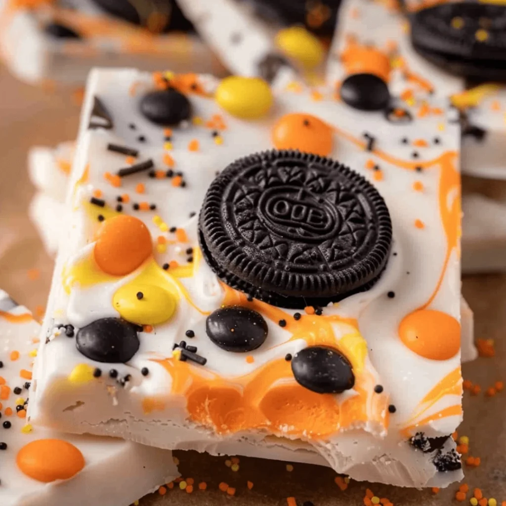 White Chocolate Halloween Oreo Bark with festive sprinkles