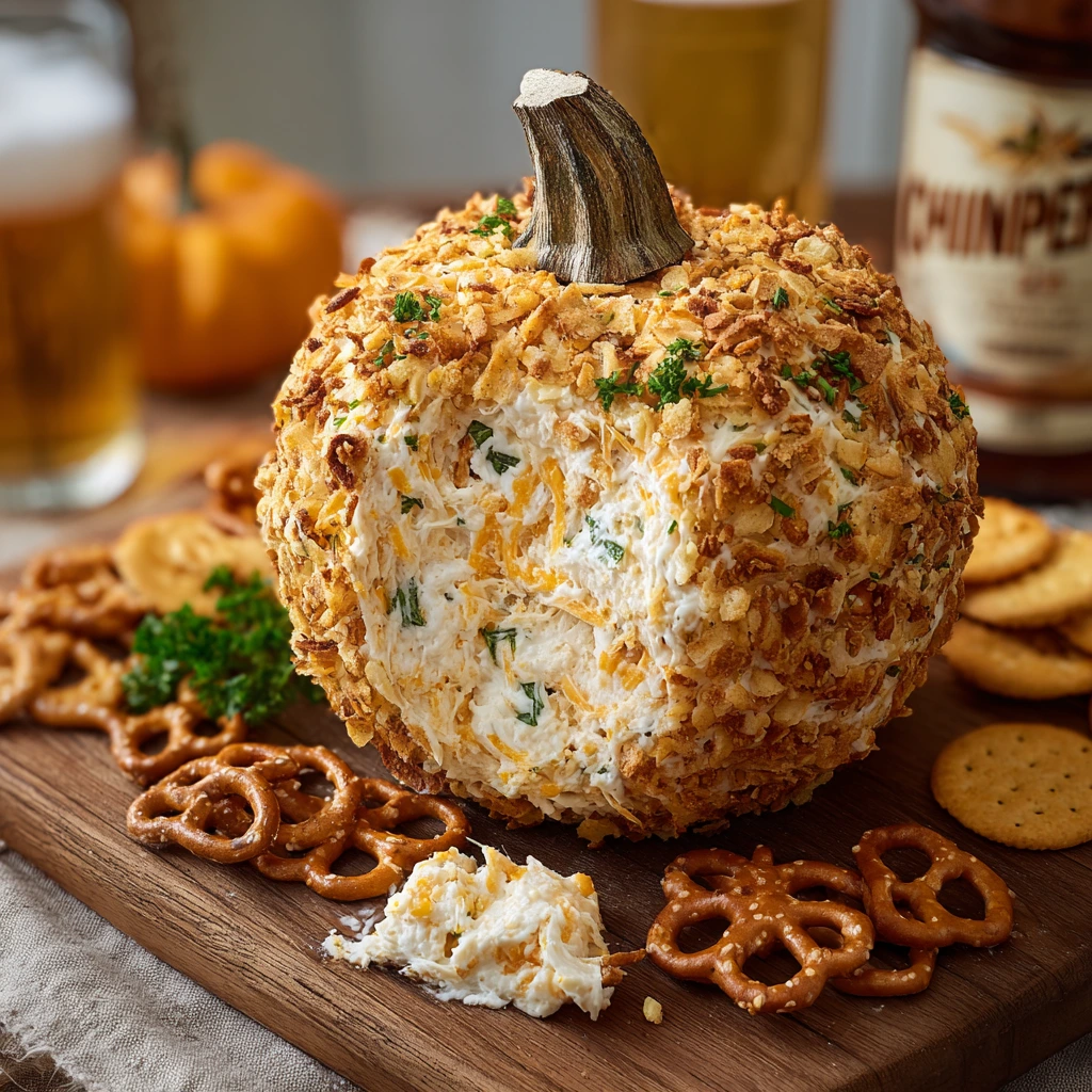 Creamy pumpkin cheese ball coated in nuts with crackers on the side
