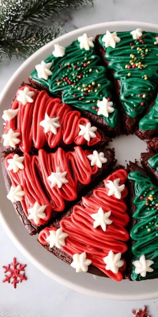 Frosted Christmas brownies topped with green icing and festive sprinkles on a white platter