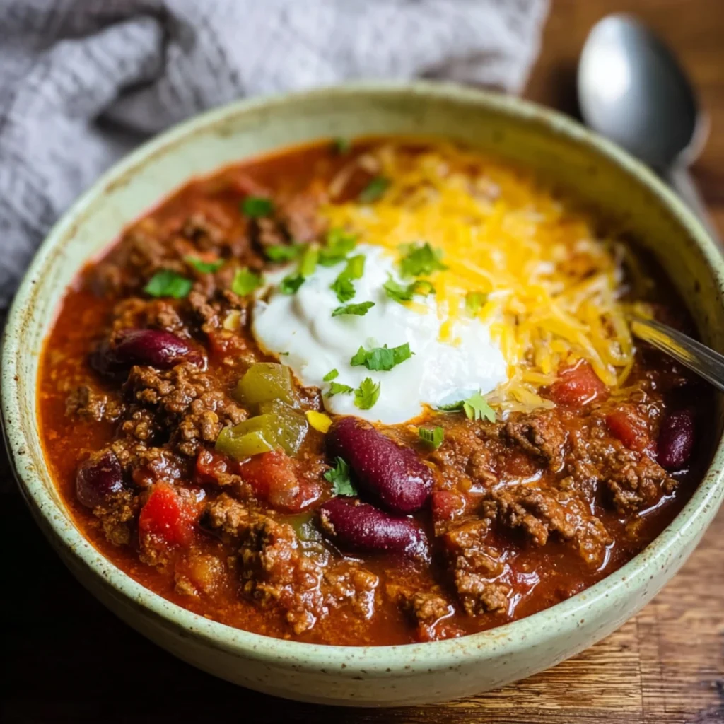 Award-Winning Chili Recipe – The Best Chili Cook-Off Winner You’ll Ever Try 1 A hearty bowl of award-winning chili topped with cheddar, sour cream, and green onions.