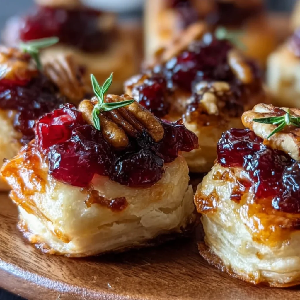 Golden brown cranberry brie bites baked in puff pastry cups.