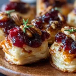 Golden brown cranberry brie bites baked in puff pastry cups.