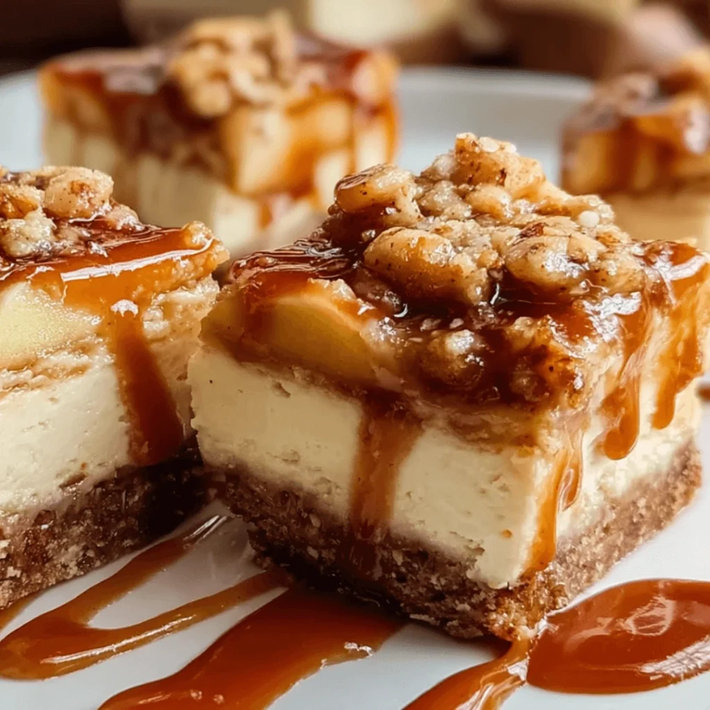 Caramel Apple Cheesecake Bars with graham cracker crust and caramel drizzle