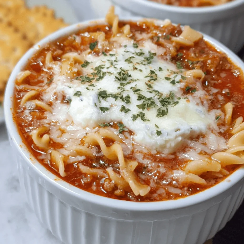 Bowl of cozy high protein lasagna soup topped with melted cheese and fresh basil.