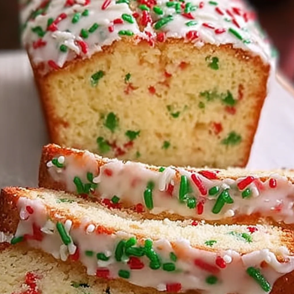 Cozy sweet Christmas bread topped with festive sprinkles on a wooden board.