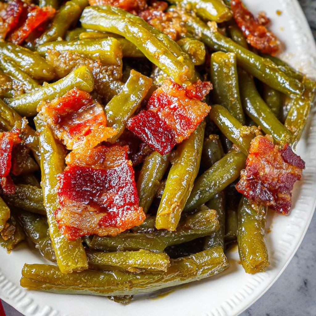Crack Green Beans baked in a sweet and savory glaze served in a casserole dish
