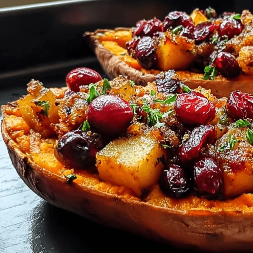 Cranberry Apple Twice-Baked Sweet Potatoes served on a holiday table