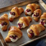 Cranberry Cream Cheese Crescent Bites – Easy 5-Ingredient Thanksgiving Appetizer 4 Golden baked crescent bites filled with cream cheese and cranberry sauce on a serving tray.