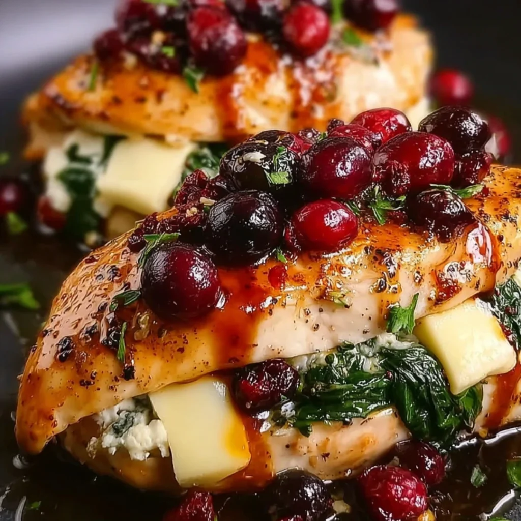 Cranberry & Spinach Stuffed Chicken with Brie + Honey Balsamic Glaze 1 Juicy chicken breasts stuffed with spinach, Brie, and cranberries, drizzled with honey balsamic glaze