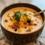 Creamy Cowboy Soup in a bowl with beans, beef, bell peppers, and corn