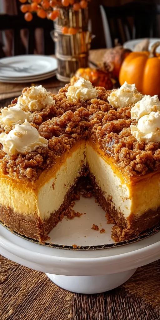 Creamy Pumpkin Streusel Cheesecake topped with whipped cream and cinnamon
