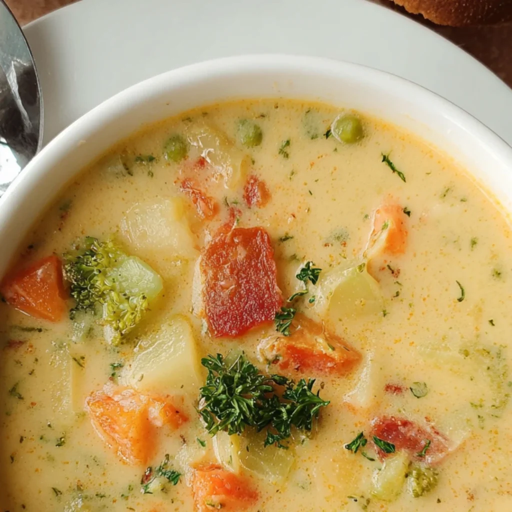 Bowl of creamy vegetable soup with cheese and fresh herbs.