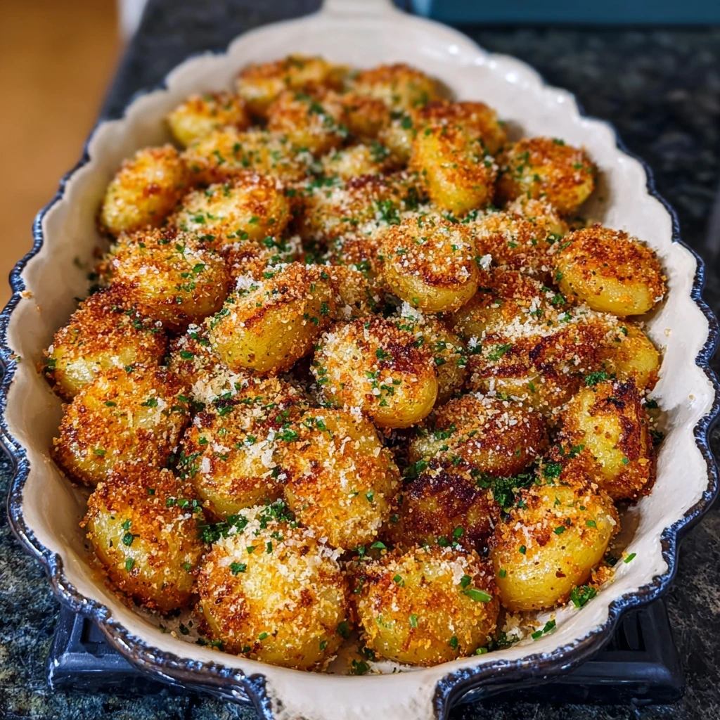 Crispy Parmesan Crusted Baby Potatoes baked on a sheet pan with golden, cheesy crusts.