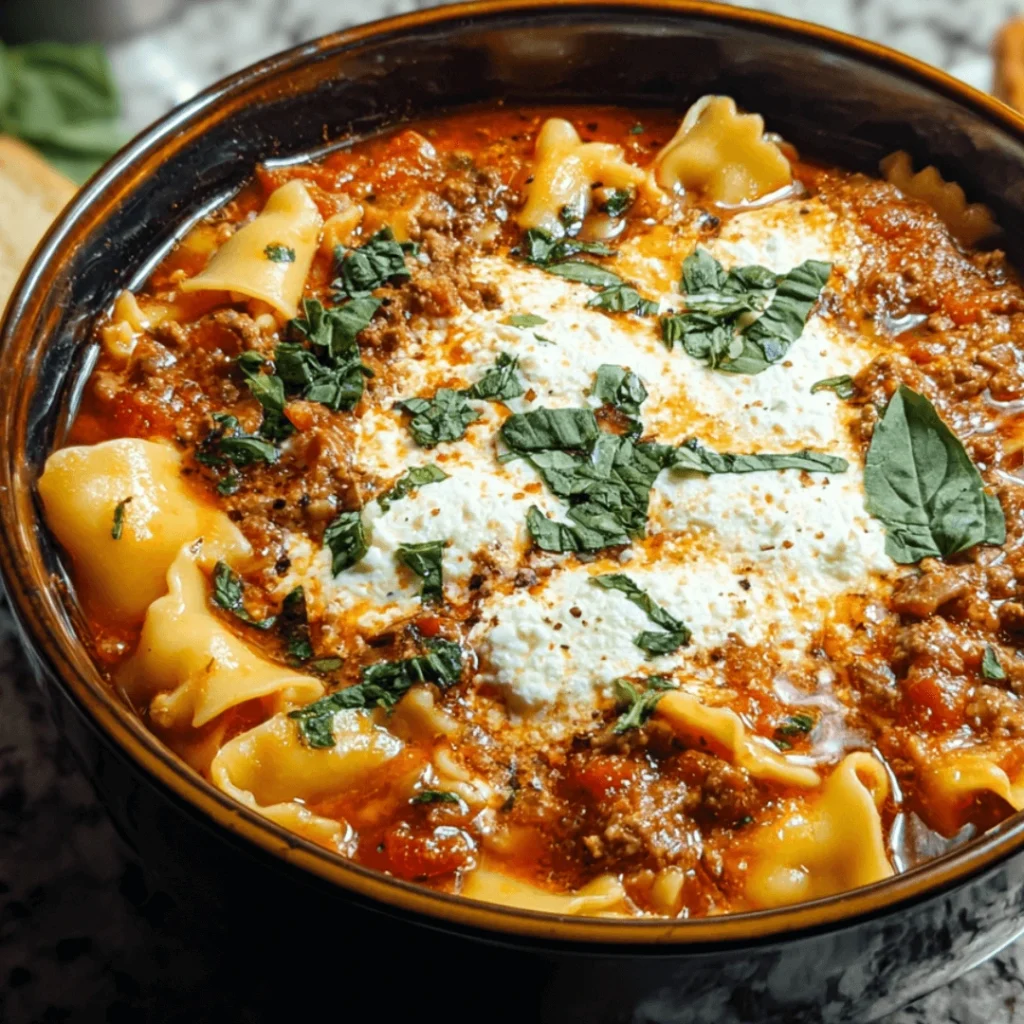 Bowl of crockpot lasagna soup topped with cheese and fresh basil.