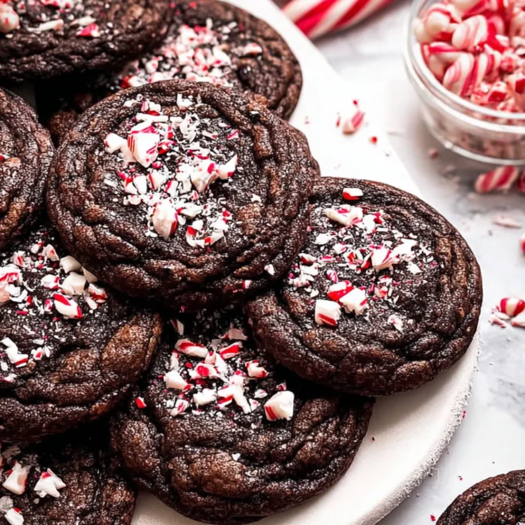 Double Chocolate Peppermint Cookies – Easy Holiday Treat for Christmas Baking 3 Double Chocolate Peppermint Cookies with crushed candy canes on top