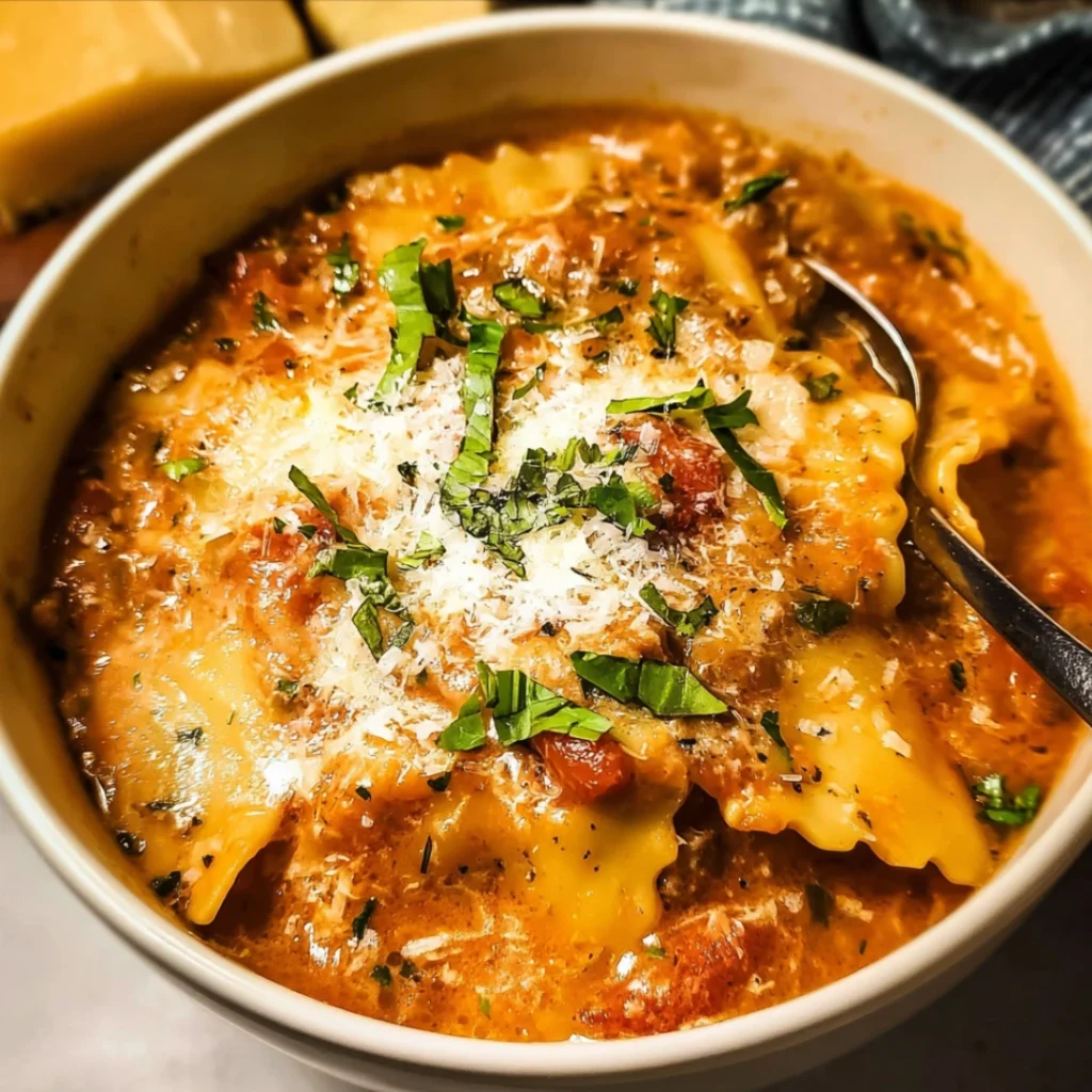 A bowl of creamy lasagna soup topped with melted cheese and fresh basil.