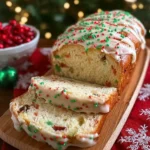 Festive Christmas Bread Recipe – Cozy Holiday Loaf for Breakfast & Gifts 4 Slice of festive Christmas bread with red and green sprinkles on a cooling rack