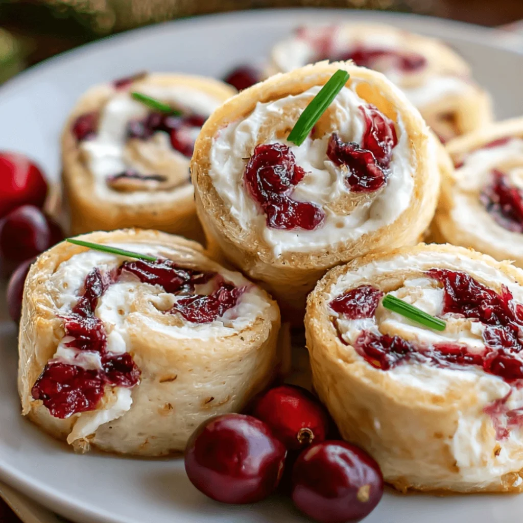 Festive Christmas Cranberry Roll Ups with cream cheese and cranberries sliced on a platter