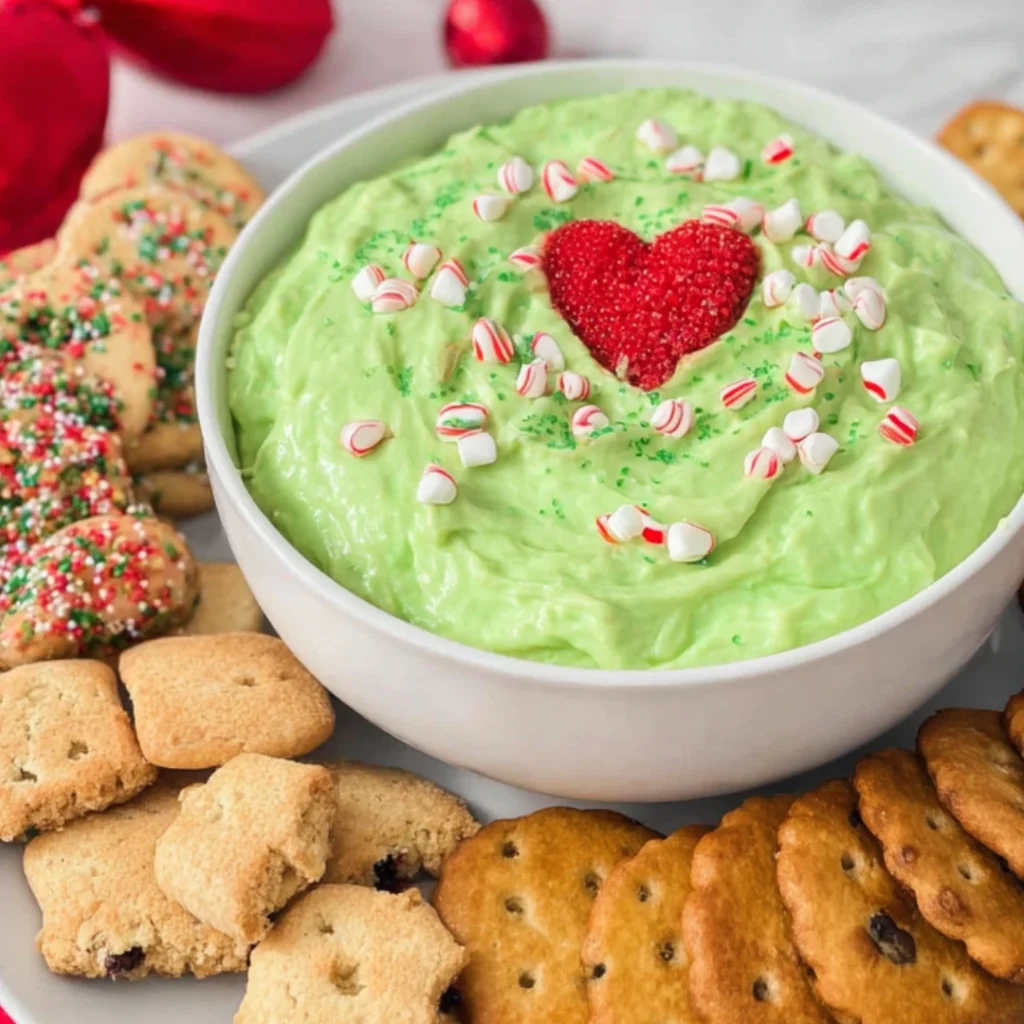 Grinch Dip – Fun & Festive Christmas Party Dessert Everyone Will Love 3 Creamy green Grinch Dip topped with red heart sprinkles in a holiday bowl