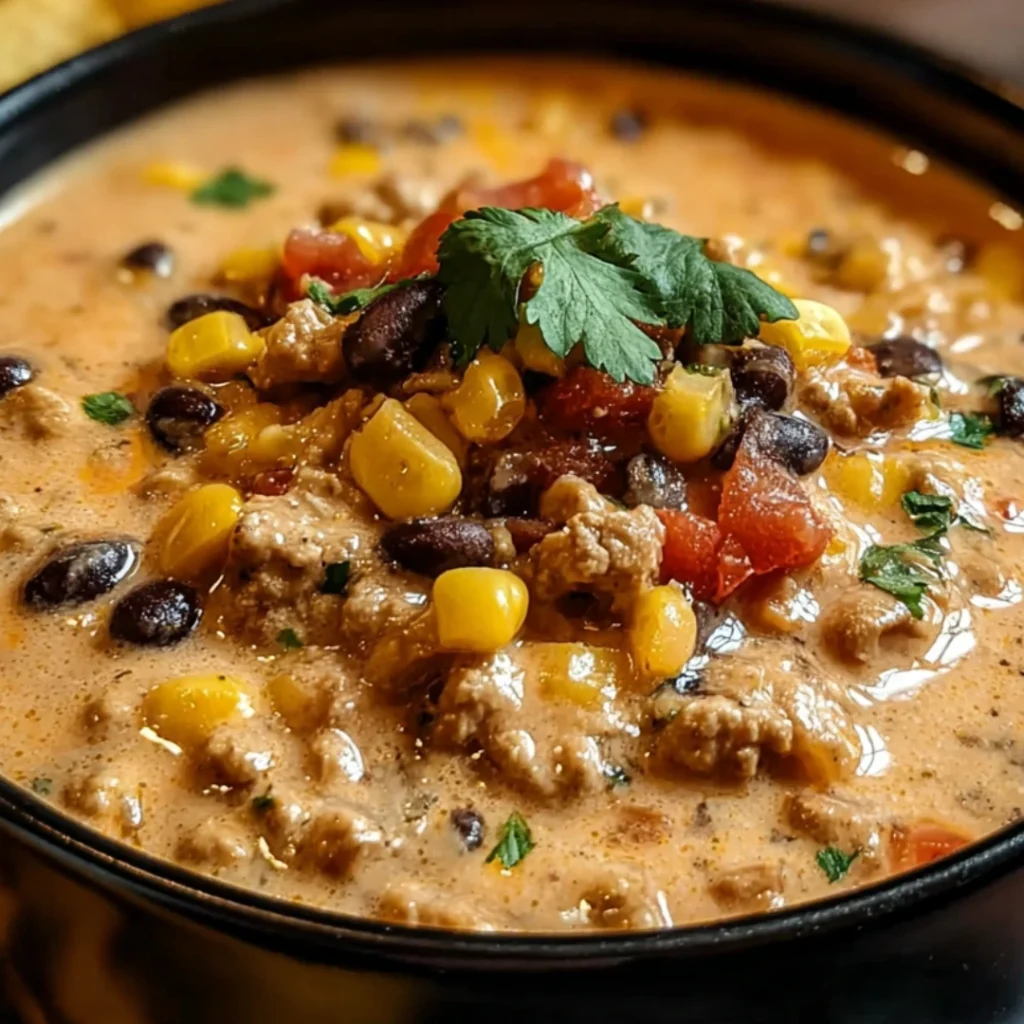 Bowl of high protein creamy taco soup topped with avocado, cilantro, and cheese