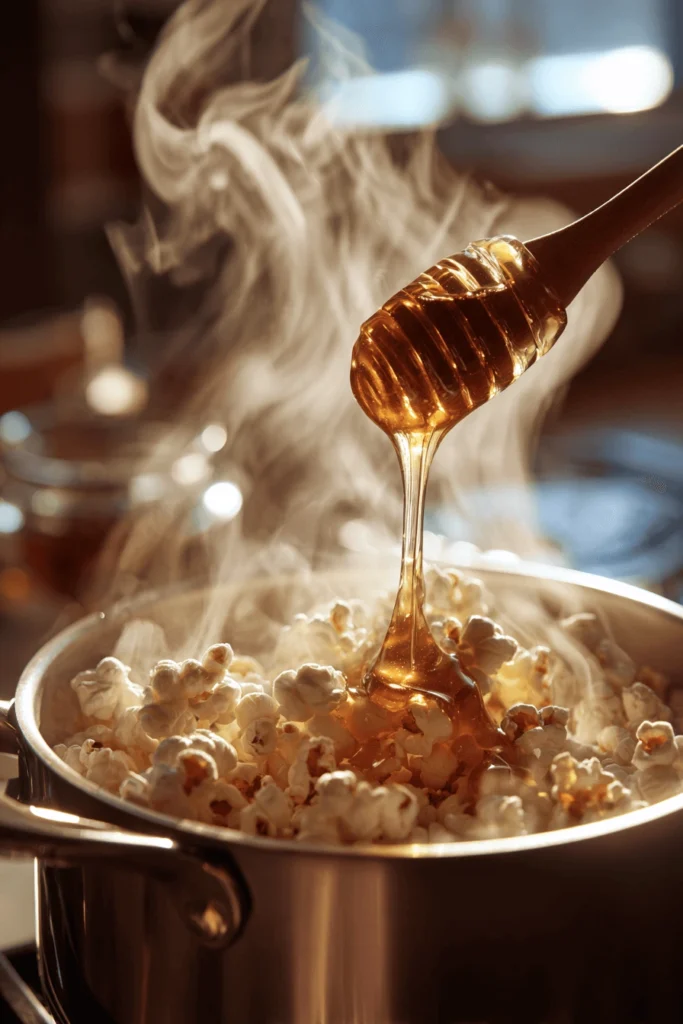 Honey being drizzled over popcorn recipe step